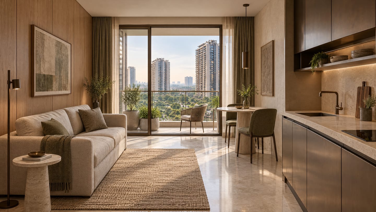 Interior visualisation of a compact living room with a dining table for two, an open kitchen counter and a balcony in morning light.