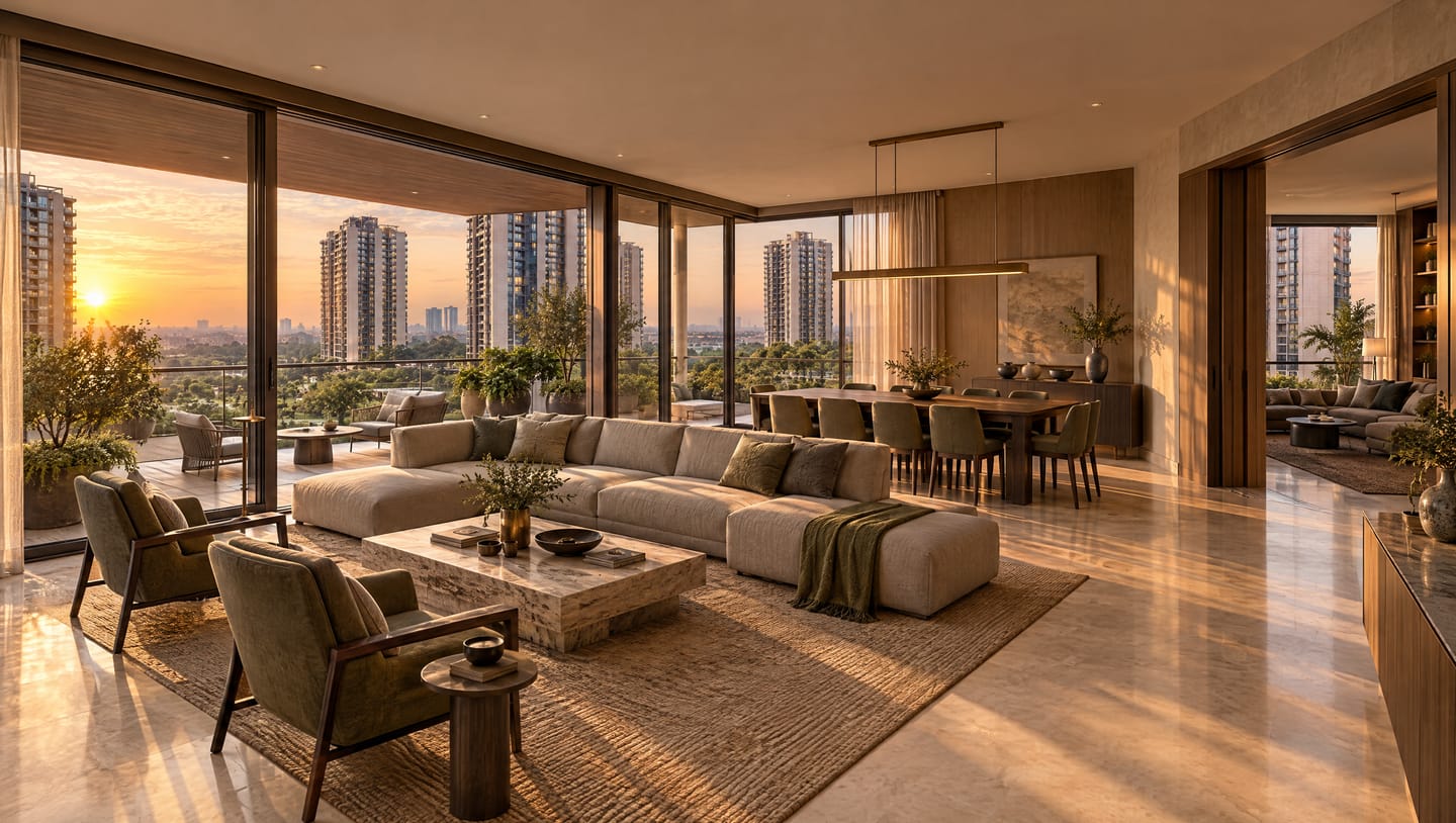 Interior visualisation of a large corner living and dining room with a wraparound balcony at sunset.